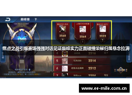 焦点之战引爆赛场强强对话见证巅峰实力正面碰撞荣耀归属悬念拉满