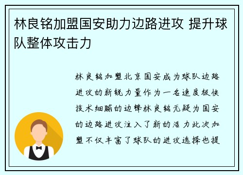 林良铭加盟国安助力边路进攻 提升球队整体攻击力